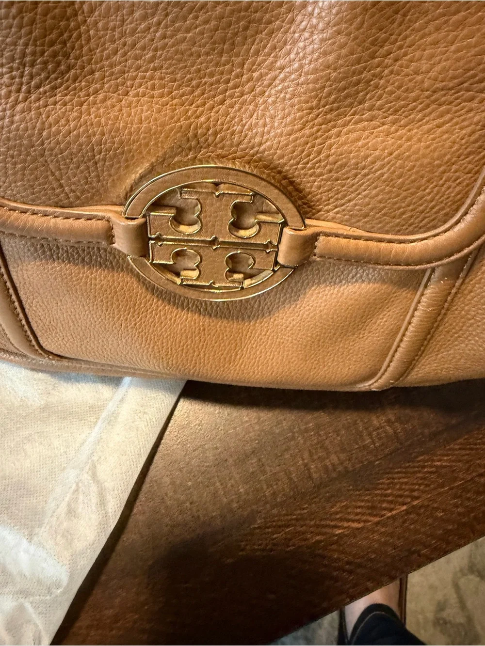 Tory Burch Tan Pebbled Leather Tote with Logo Medallion
